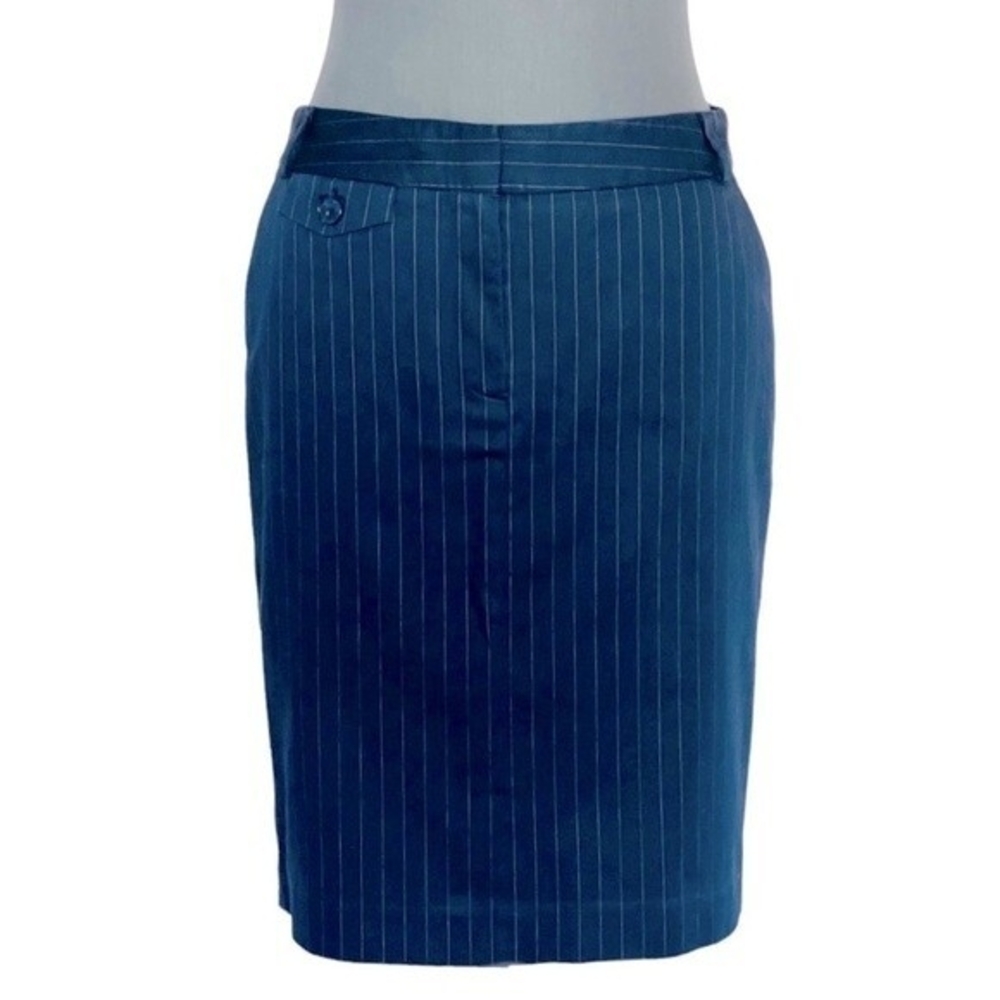 Women's Navy Blue Striped Cotton Pencil Skirt S Front Zip Midi Office EXC - Picture 3 of 7